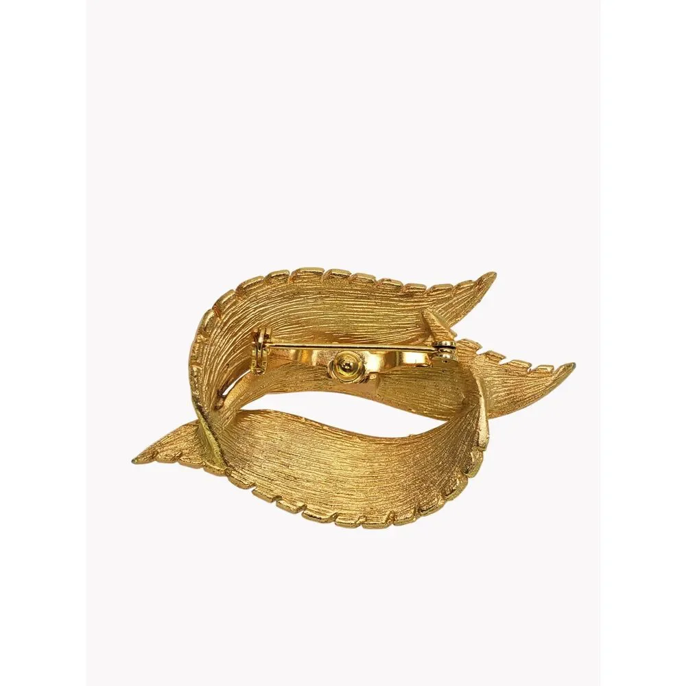 MCM Curled Leaf Brooch Pin Triple Leaves Brushed Gold Tone Old Money Piece 1950s